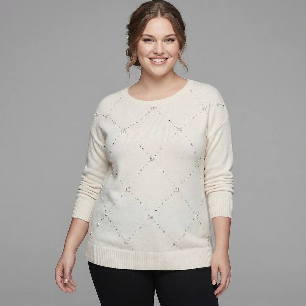 Lane Bryant Women‎ 14/16 Ivory Pearl Rhinestone Diamond Embellished Pullover